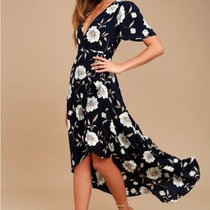 Lulu's Lake Como Navy Blue Floral Print High-Low Wrap Dress Large